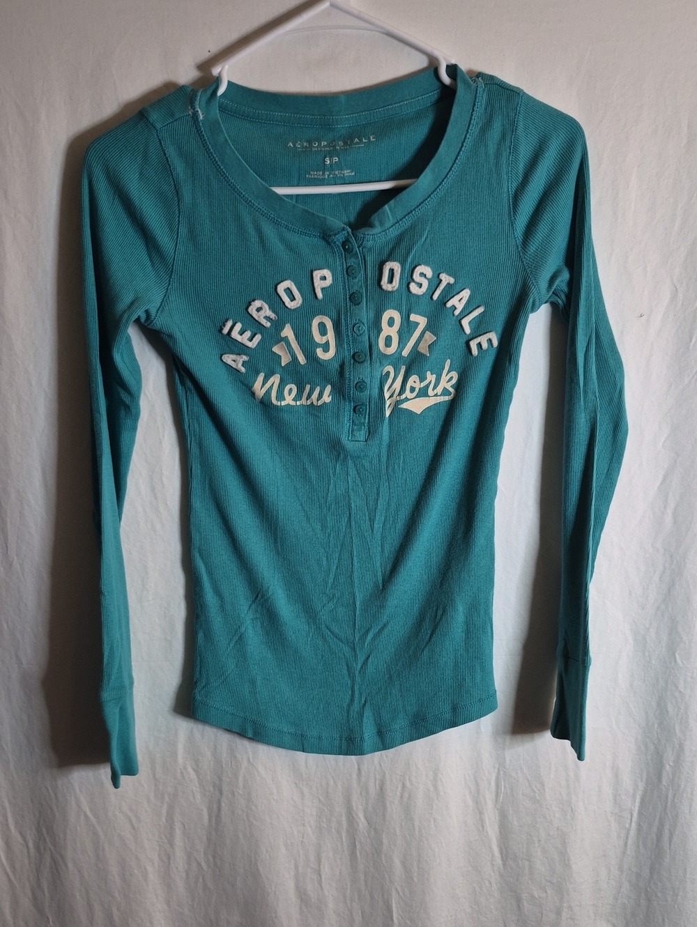 Aeropostale Teal Long Sleeve Henley Graphic Top
